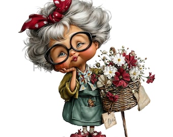 Whimsical Grandma Mom Birthday Clipart, Senior Lady PNG (Digital Download)