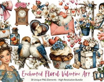 Floral Valentine Clipart Watercolor PNG Romantic Vintage Pastel Love Graphics Commercial Use