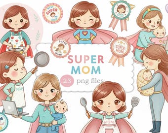 Super Mom Clipart Watercolor PNG Bundle Motherhood Illustrations Transparent Commercial Use