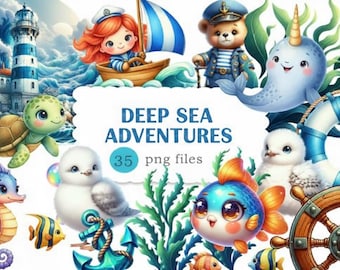 Viaggio in oceano, animale marino, clipart, nautico, PNG, acquerello, 4000px, set commerciale trasparente
