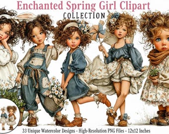 Clipart di ragazza primaverile stravagante, acquerello, PNG, illustrazione per bambini boho, grafica commerciale