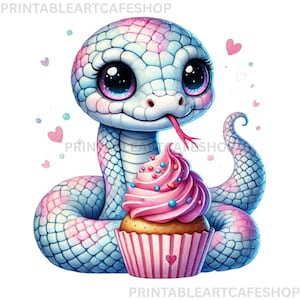 Op de afbeelding: Een schattige cartoon slang met grote ogen en een roze tong houdt een roze cupcake met hagelslag vast. De slang is wit met blauwe en roze accenten. De cupcake heeft een roze wikkel met een hart.