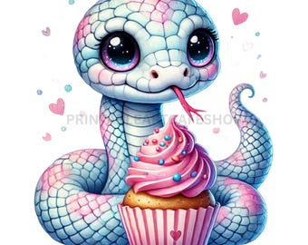 May include: A cartoon snake with big eyes and a pink tongue holds a pink cupcake with sprinkles. The snake is white with blue and pink markings. The cupcake has a pink wrapper with a heart design.