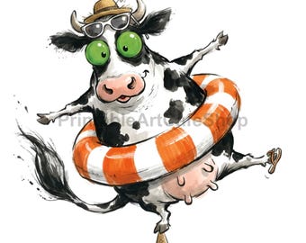 Whimsical Summer Cow Clipart PNG, Hand Drawn Farm Animal Graphics (300 DPI)