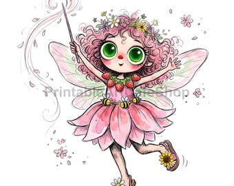 Hand Drawn Fairy Girl Clipart, Pink Summer Graphics, Fantasy Sublimation Designs (300 DPI)