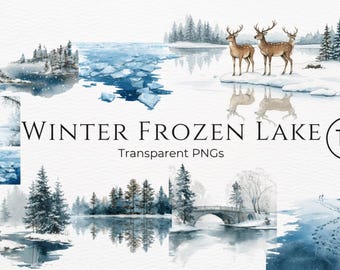 Winter Frozen Lake Clipart Watercolor Snowy Landscape Scenes PNG High Resolution Digital Download Illustrations