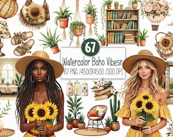 Paquete de imágenes prediseñadas florales bohemias de primavera, conjunto de flores PNG, ilustraciones de flores silvestres, paquete de gráficos botánicos