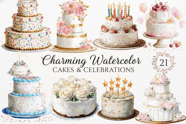 Birthday Cake Clipart Set Watercolor PNG 4000px Transparent Party ...