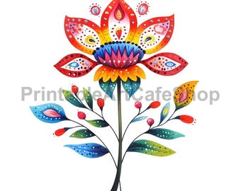 Colorful Folk Floral Clipart Bundle Watercolor PNG Transparent 3600px Boho Flower Elements
