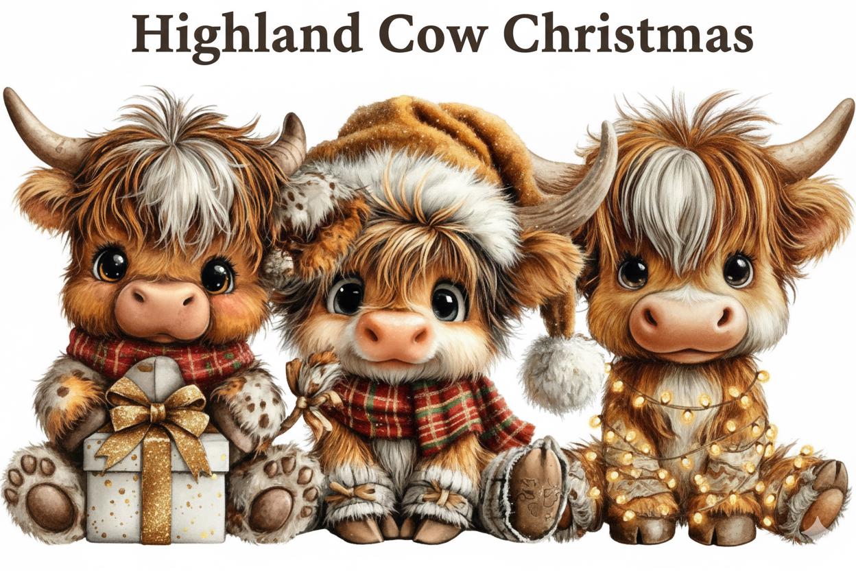 Highland Cow Christmas Clipart Bundle PNG Holiday Art Digital Printable ...