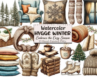 Watercolor Cozy Winter Clipart Neutral PNG Hygge Decor Elements Commercial Graphics