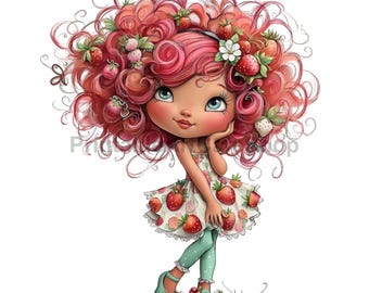 Whimsical Strawberry Girl Clipart, Hand Drawn Fruit Characters PNG (300 DPI)