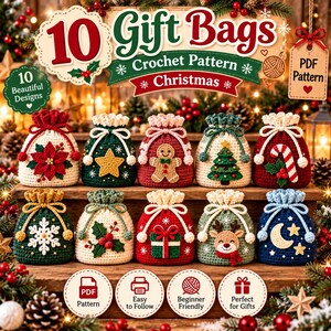 Peut inclure: Une collection de 10 sacs cadeaux au crochet avec des motifs de Noël incluant un poinsettia, une étoile, un bonhomme en pain d'épice, un sapin, un sucre d'orge, un flocon, du houx, un cadeau, un renne et une lune. Texte 10 Gift Bags Crochet Pattern.