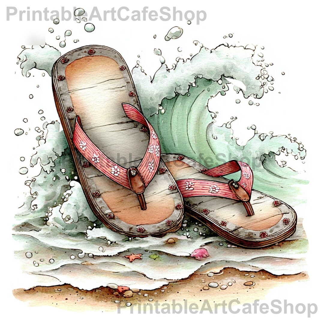 Watercolor Summer Flip Flop Clipart Bundle, Tropical Beach PNG Graphics ...