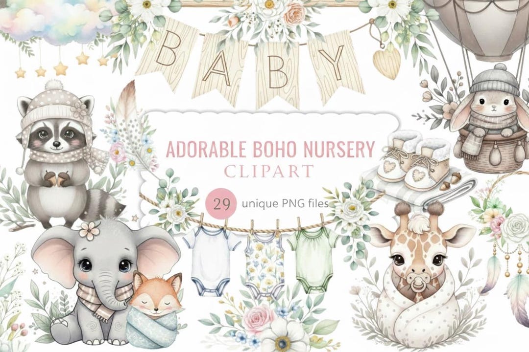 Baby Shower Boho Nursery Clipart Watercolor PNG Neutral Animals Baby ...