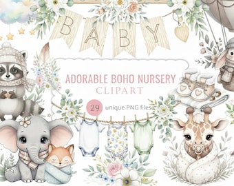 Baby Shower Boho Nursery Clipart Watercolor PNG Neutral Animals Baby Decor Commercial