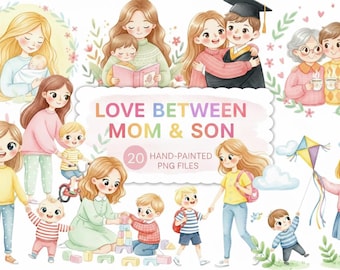 Mom Son Clipart Watercolor PNG Bundle Soft Pastel Family Illustrations Transparent Commercial Use