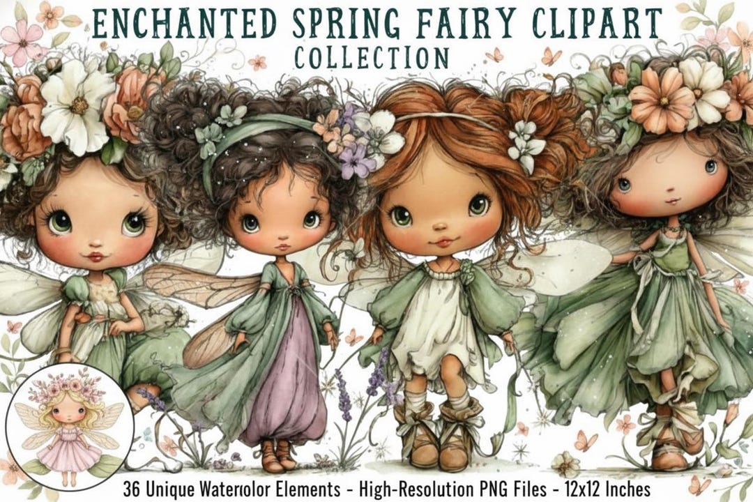 Whimsical Spring Fairy Clipart Watercolor PNG Set Boho Nursery ...
