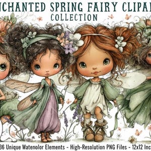以下が含まれることがあります： 花柄のアクセントと羽を持つ、4つの気まぐれな妖精のイラストが特徴の、水彩画クリップアートコレクション。画像には「ENCHANTED SPRING FAIRY CLIPART COLLECTION」というテキストと、要素とファイルサイズに関する詳細が含まれています。