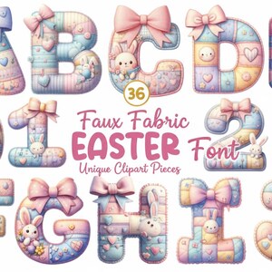 Pode incluir: Fonte de Páscoa em aquarela com as letras A a J e os números 0-3. Cada letra e número é projetado com um padrão de patchwork, cores pastel e um laço. Inclui o texto "Faux Fabric Easter Font" e "Unique Clipart Pieces".