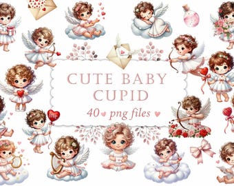 Baby Cupid Clipart Watercolor PNG Transparent Pastel Valentine Love Design Bundle