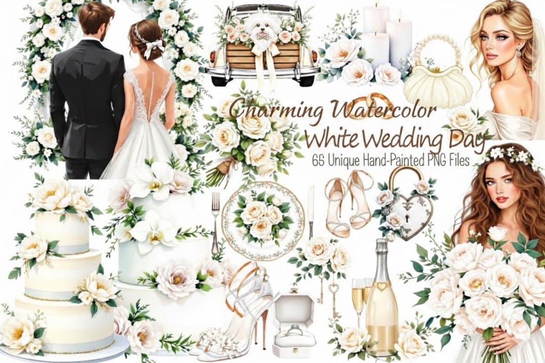White Wedding Day Clipart Bundle Watercolor Bridal PNG 4500px Floral ...