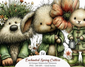 Whimsical Spring Animals Clipart Watercolor Earthy PNG 3600px Transparent Nursery Commercial Graphics