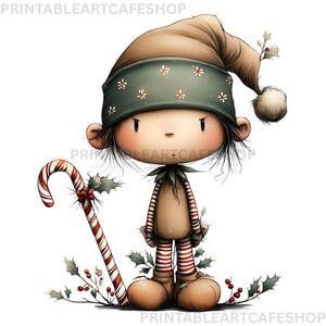 Pode incluir: Uma ilustração fantasiosa de um duende de Natal com um chapéu castanho e um boné verde adornado com flores brancas. O duende tem uma bengala de doces e é cercado por azevinho. A roupa do duende inclui uma túnica castanha e meias listradas em vermelho e branco.