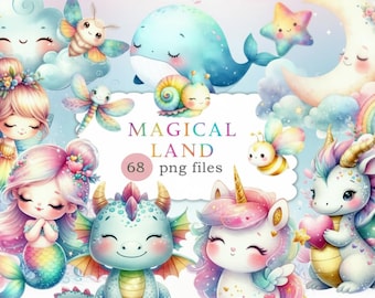 Magical Land Clipart Watercolor PNG Bundle Fantasy Animals Illustrations Transparent Commercial Use