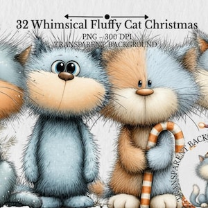 May include: A digital illustration featuring four whimsical, fluffy cats with blue, orange, and tan fur. The cats have large eyes and are decorated with Christmas-themed accessories, including a candy cane and a Santa hat. Text at the top reads "32 Whimsical Fluffy Cat Christmas."