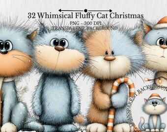 Christmas Cats Clipart | Whimsical Fluffy Kitten PNG Set (32 Images)