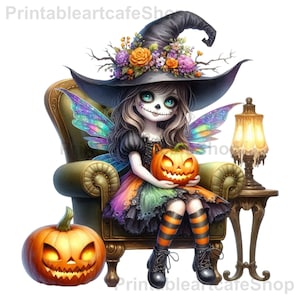May include: A character with large teal eyes and a skull-like face paint design wears a black witch hat adorned with orange and purple flowers. They have iridescent wings, a rainbow-colored dress, and orange-striped socks, holding a glowing jack-o'-lantern.