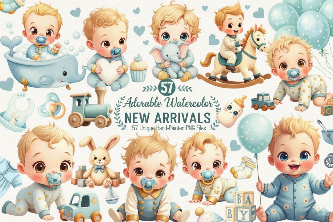 Blue Baby Shower Clipart Bundle Watercolor PNG 4500px Transparent ...