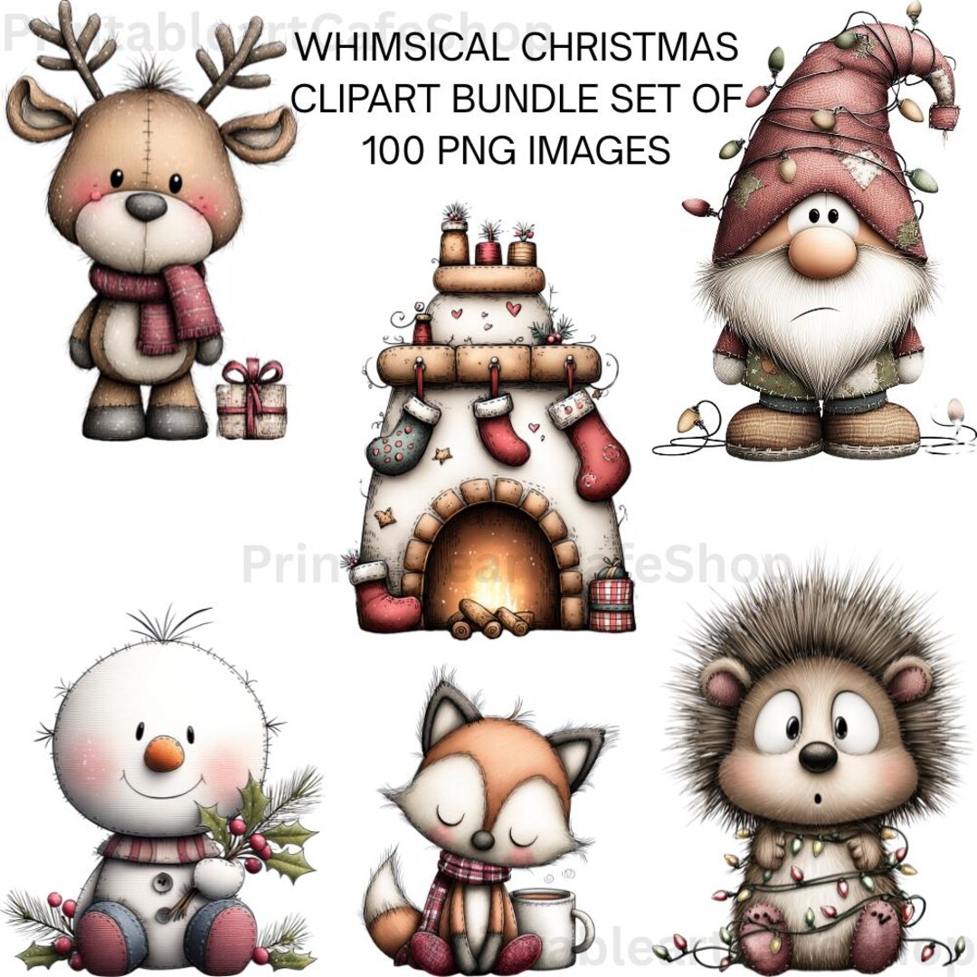 Whimsical Christmas Clipart Bundle | Holiday PNG Illustrations (300 DPI ...
