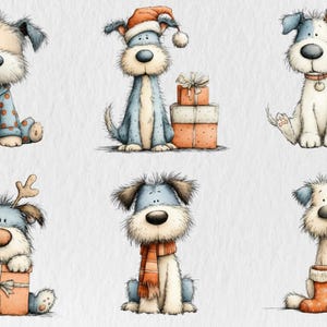 May include: A collection of six cartoon dog illustrations. Each dog has a unique design, including pajamas, a Santa hat, and a scarf. Some dogs are sitting next to wrapped gifts. The dogs are in a watercolor style with soft colors.