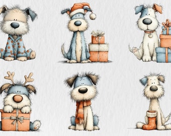 Pacchetto di divertenti clipart di cani natalizi / set PNG per le vacanze