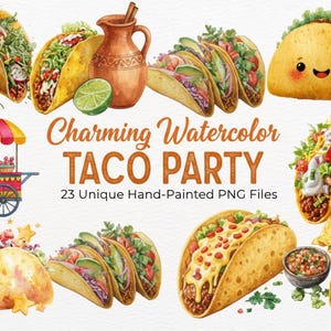 Könnte beinhalten: Aquarellillustration mit verschiedenen Tacos, einem Taco-Wagen und einem kleinen Krug. Das Bild enthält den Text "Charming Watercolor TACO PARTY" und "23 Unique Hand-Painted PNG Files". Die Tacos sind mit bunten Zutaten gefüllt.