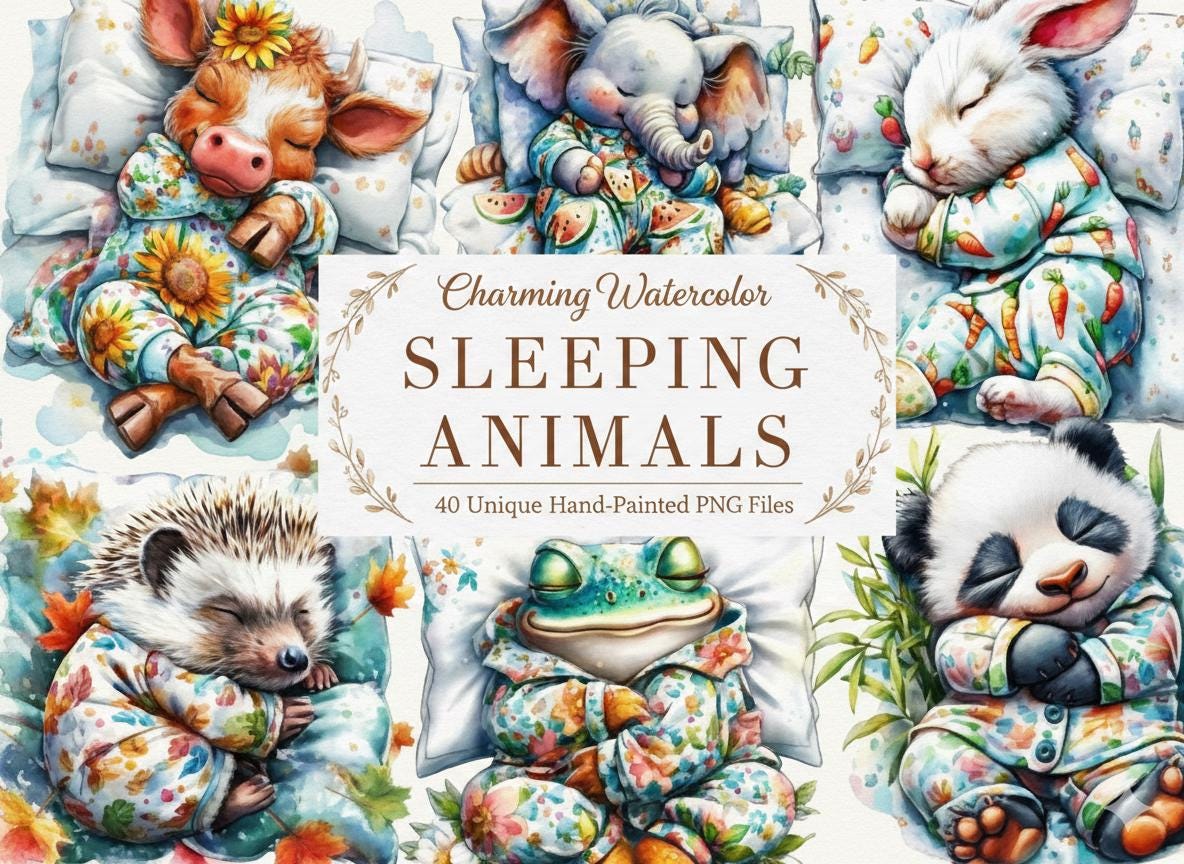 Watercolor Sleeping Animals Clipart Bundle 40 PNG Transparent 4000px ...