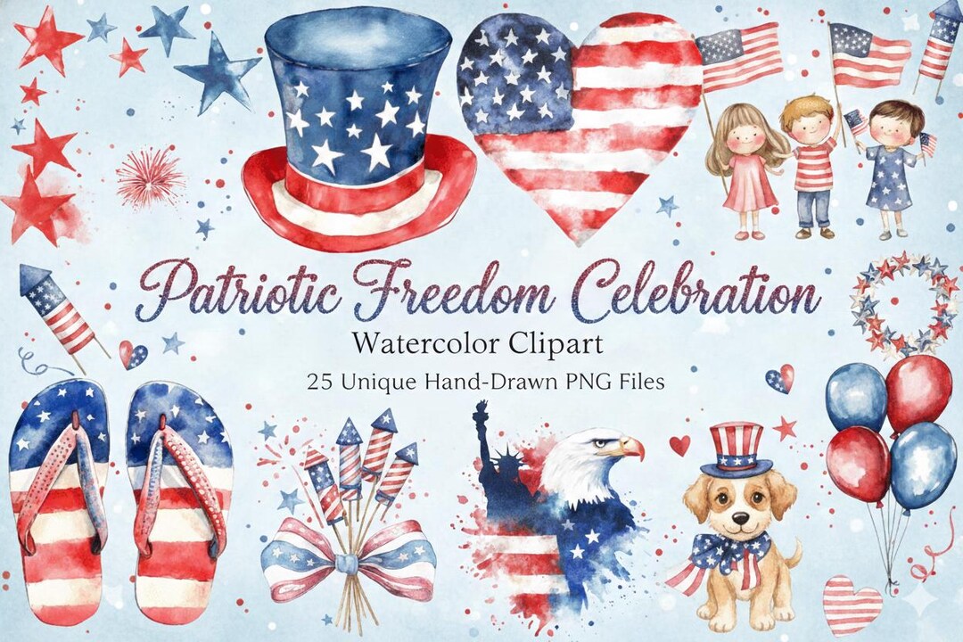 4th of July Watercolor Clipart PNG Patriotic USA Illustrations ...
