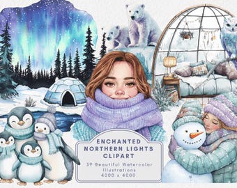 Northern Lights Winter Watercolor Clipart Arctic Animals Igloo Snowy Landscape Cozy PNG Art Set