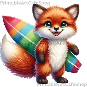 May include: A cartoon fox with orange and white fur, holding a colorful surfboard. The fox has big, bright eyes and a friendly smile. The surfboard is striped with red, orange, yellow, green, and blue. Text at the top and bottom of the image reads "PrintableArtCafeShop".