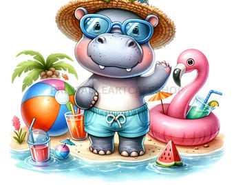Funny Hippo Pool Party Clipart Watercolor PNG Kawaii Summer Sublimation Transparent Commercial Bundle