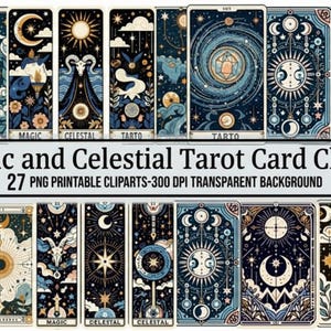 May include: A collection of 27 tarot card cliparts with celestial and magic themes. The cards feature illustrations of moons, suns, stars, and other mystical symbols in shades of blue, gold, and black. Text on the image reads "Magic and Celestial Tarot Card Clipart".