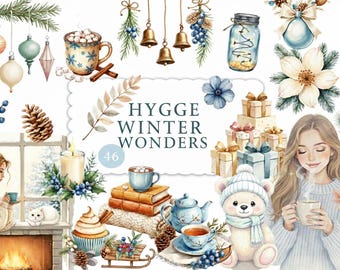 Cozy Winter Clipart Watercolor Blue Beige PNG Transparent Seasonal Comfort Design Bundle