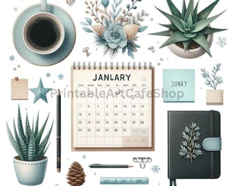 January Morning Routine Clipart Watercolor Cozy PNG Sublimation Transparent Commercial Digital Download