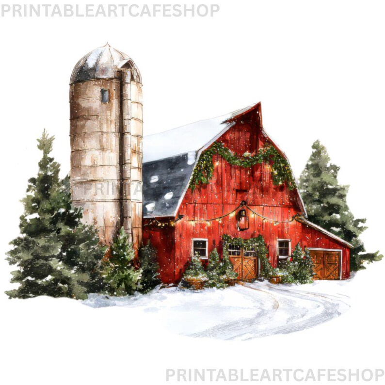 Cozy Barn Christmas Clipart Farm Animals Watercolor Rustic Winter ...