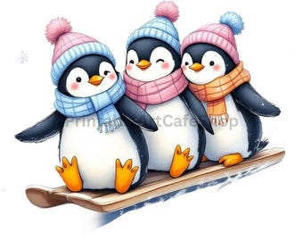 Clipart di pinguini invernali acquerello PNG sublimazione trasparente commerciale download digitale