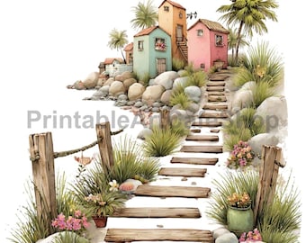 Whimsical Summer Pathway Clipart Set Watercolor Coastal Landscape PNG 300DPI Garden Trail Designs
