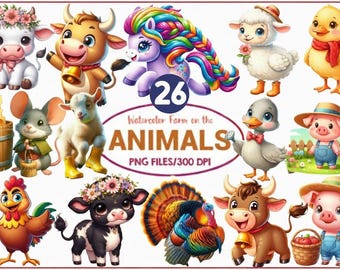 Farm Animals Clipart Watercolor PNG Pastel Illustration Transparent Commercial Bundle