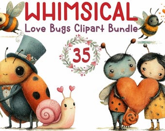 Whimsical Love Bugs Clipart Watercolor Valentine PNG Insect Romantic Character Illustration Fantasy Set